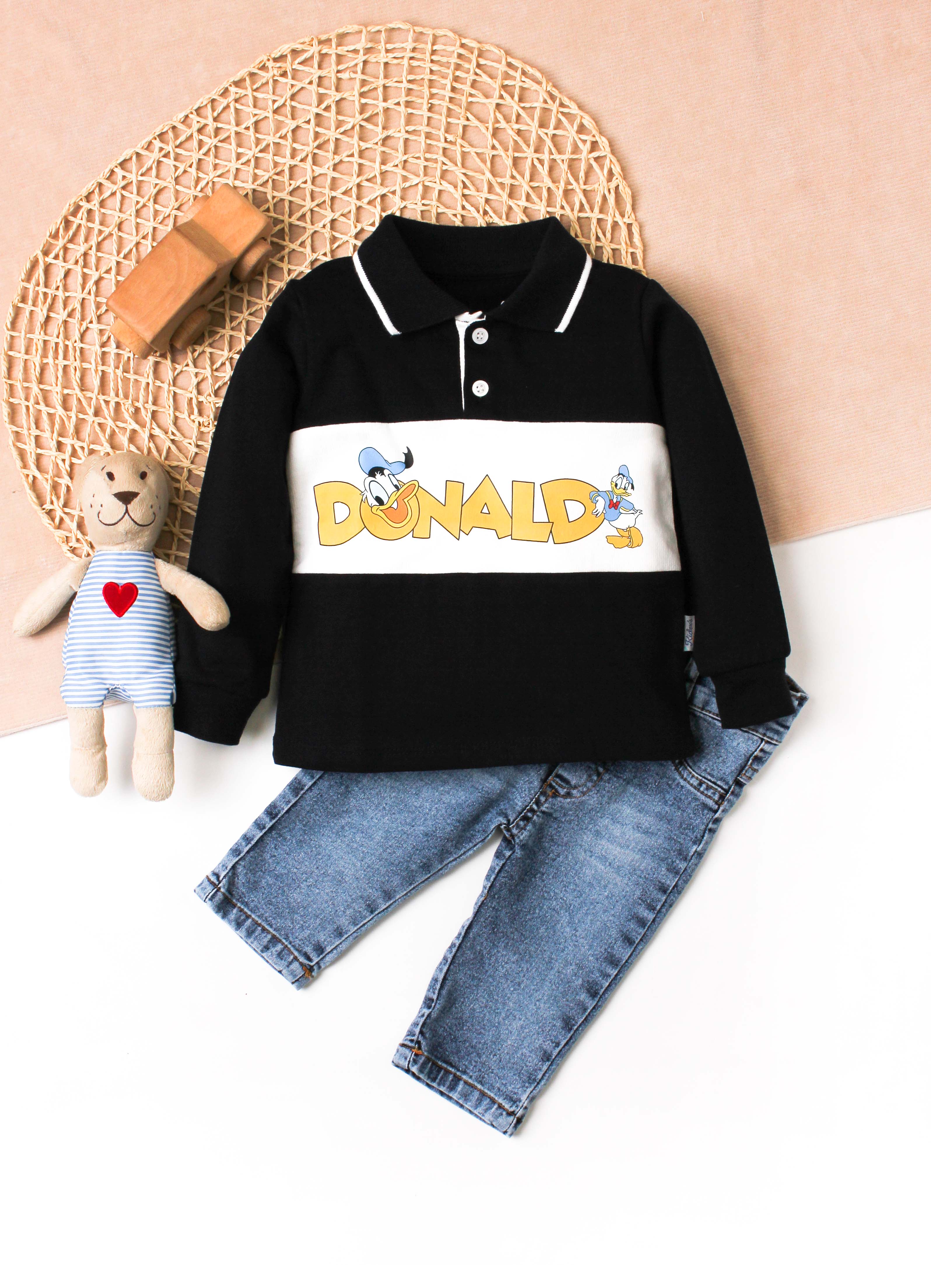 Erkek Bebek Donald Baskılı Polo Yaka 2’li Takım Jean Pantolonlu 9-24 Ay